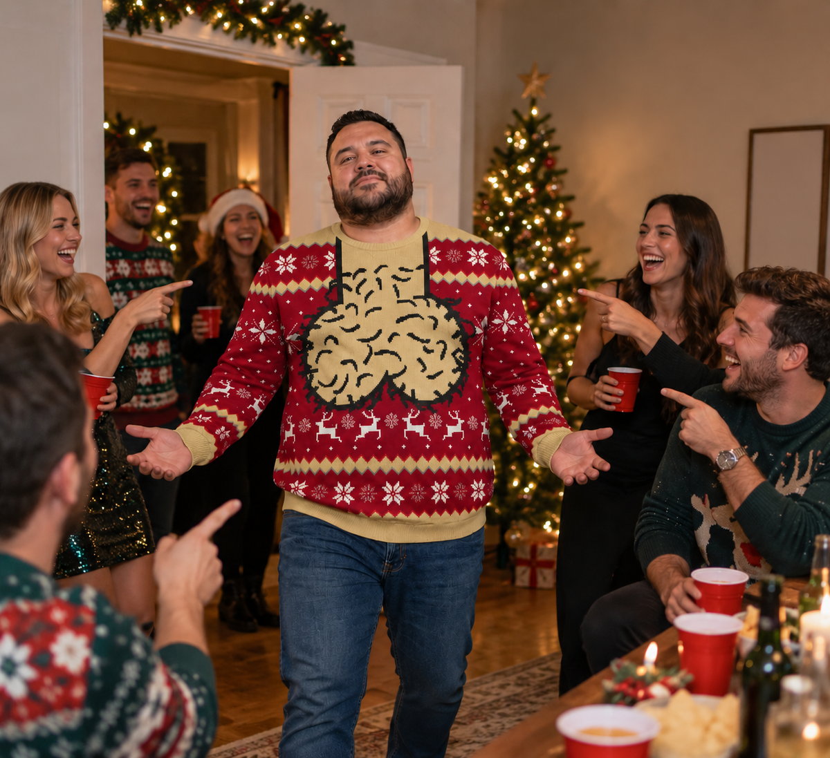 Christmas sweater at a holiday party
