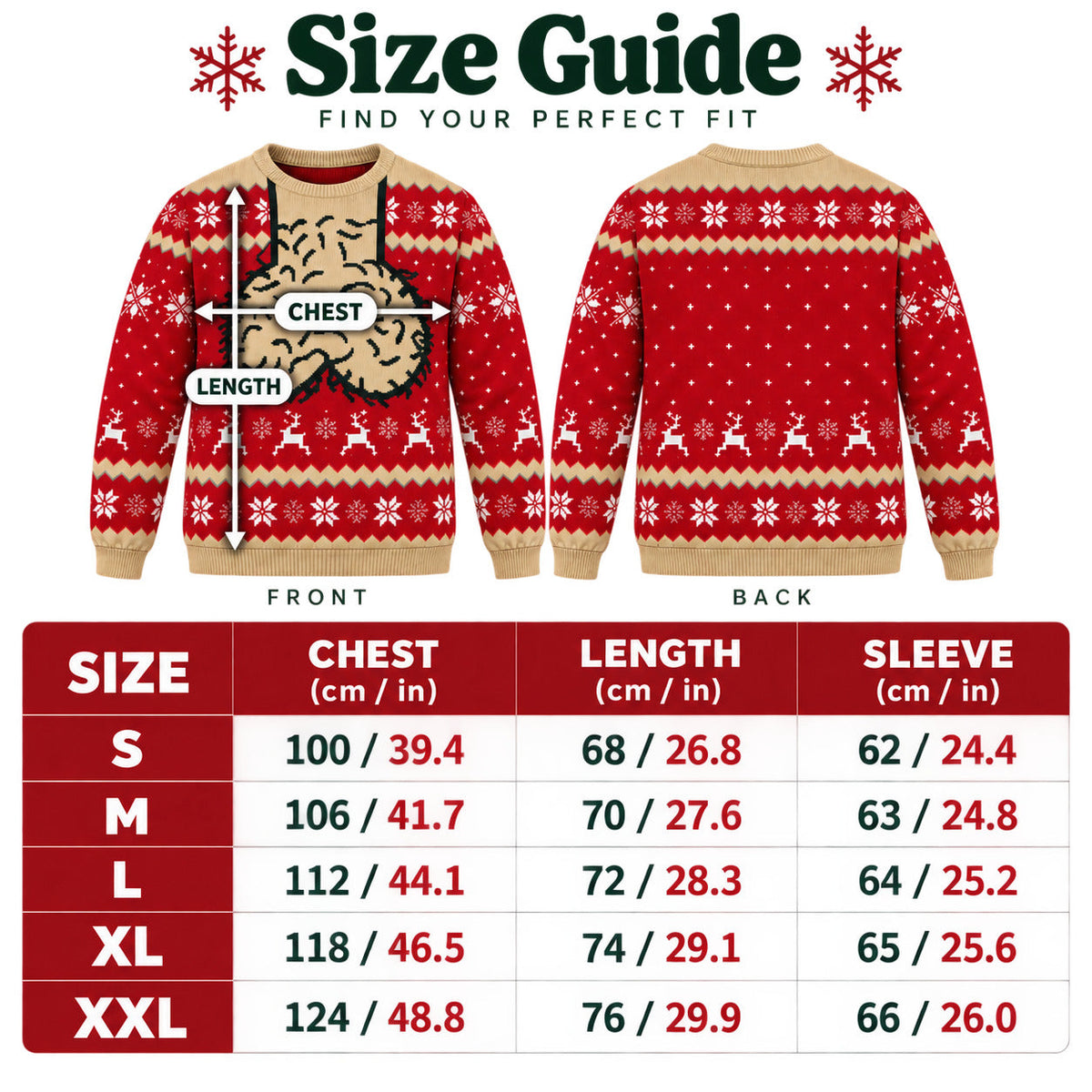 Christmas sweater size guide S to XXL